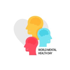 World mental health day concept poster. Group of colorful human heads with brain vector illustration on love heart background.