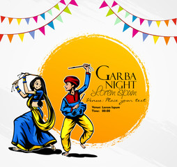 Illustration of couple playing Garba and Dandiya in Navratri Celebration and disco, Garba Night poster for Navratri Dussehra festival of India