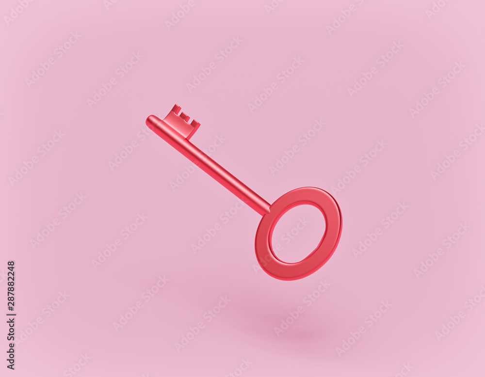 Aufkleber glossy red key isolated on pastel pink background. 3d rendering