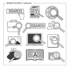 Data finding, search isolated icons, magnifying glass symbol