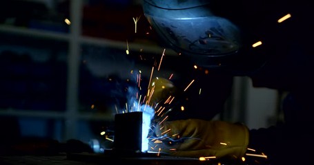 worker man is wearing protective mask on head and face and welding metal details