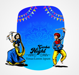 Illustration of couple playing Garba and Dandiya in Navratri Celebration and disco, Garba Night poster for Navratri Dussehra festival of India