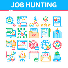 Job Hunting Collection Elements Vector Icons Set Thin Line. Hunting Business People And Recruitment Candidate, Team Work And Partnership Concept Linear Pictograms. Color Contour Illustrations