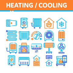 Heating And Cooling Collection Vector Icons Set Thin Line. Cool And Humidity, Airing, Ionisation And Heating Concept Linear Pictograms. Conditioning Related Color Contour Illustrations