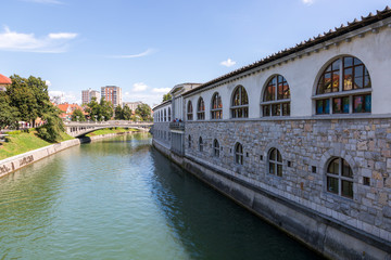 View of the embankment of the Ljubljana River in Ljubljana
