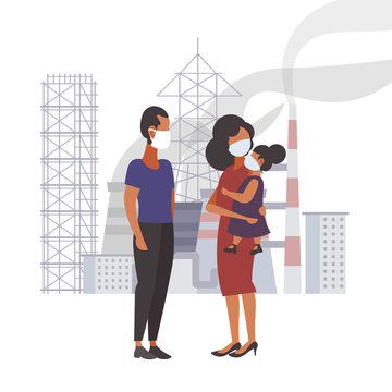 family in face masks walking outdoor dirty waste toxic gas air pollution industry smog polluted environment concept parents and child standing together industrial landscape full length