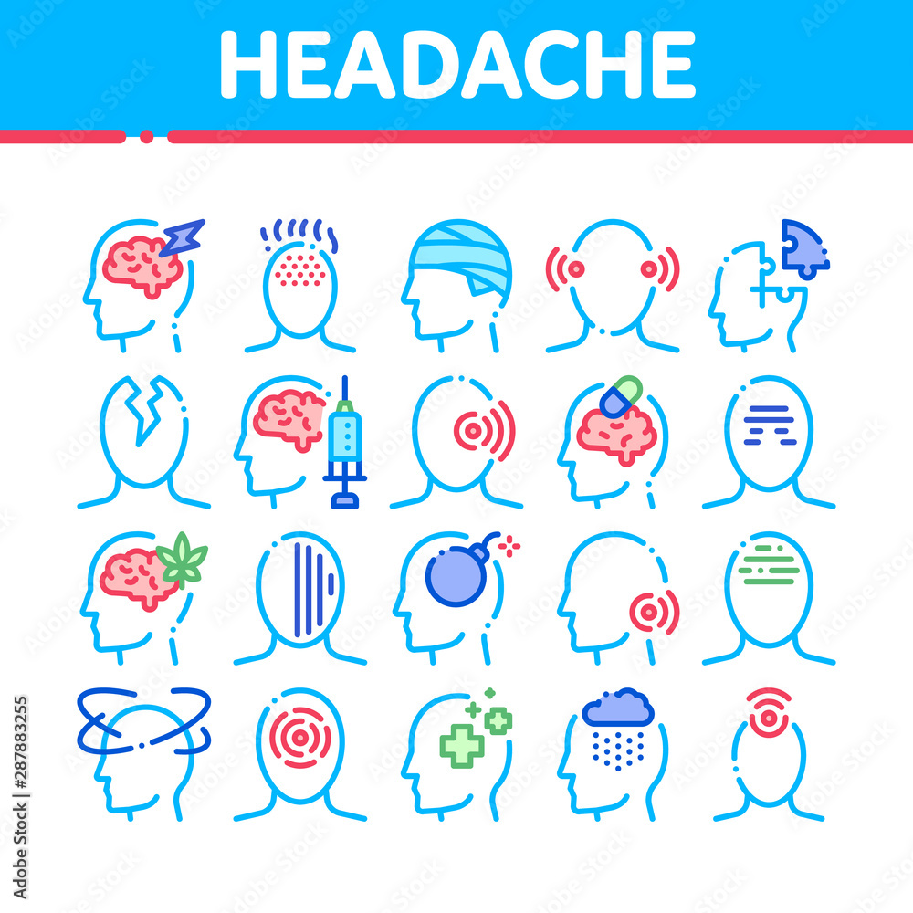 Poster headache collection elements vector icons set thin line. tension and cluster headache, migraine and 