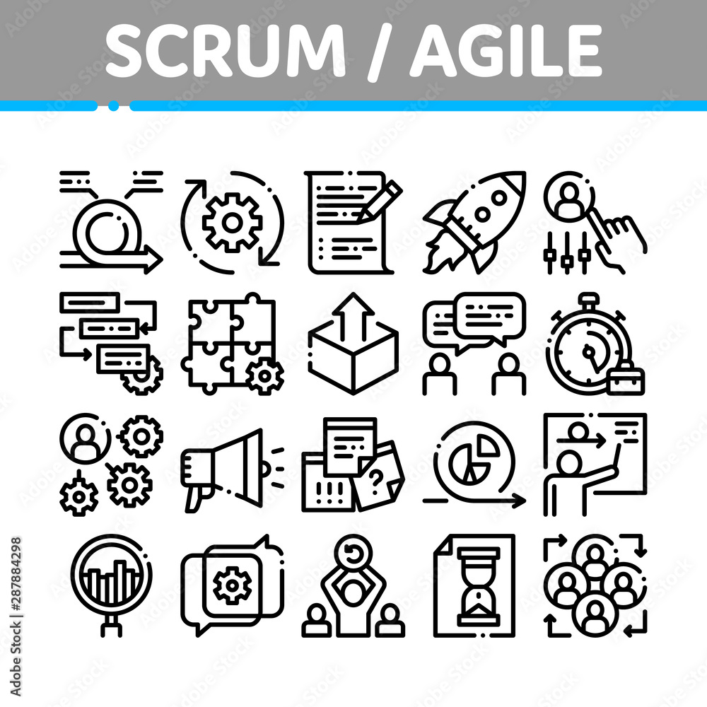 Poster scrum agile collection elements vector icons set thin line. agile rocket and document file, gear and