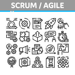 Scrum Agile Collection Elements Vector Icons Set Thin Line. Agile Rocket And Document File, Gear And Package, Loud-speaker And Stop Watch Concept Linear Pictograms. Black Contour Illustrations