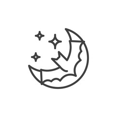 Halloween night with moon and bat line icon. linear style sign for mobile concept and web design. Crescent moon and flying bat outline vector icon. Symbol, logo illustration. Vector graphics