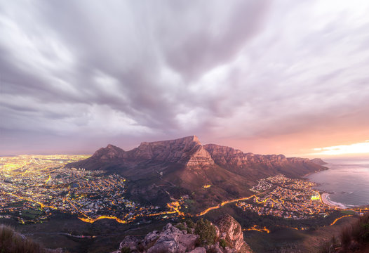 Panoramic view of Table Mountain as seen from on top of Lions Head - Cape Town, South Africa