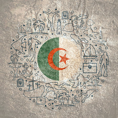 Circle Frame with Diving Line Icons. Travel and Vacation Poster Concept. Flag of the Algeria