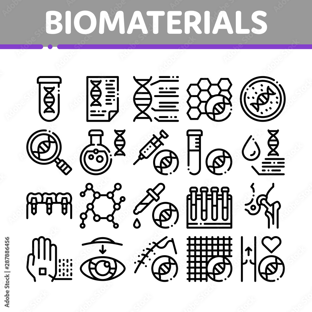 Poster biomaterials collection elements vector icons set thin line. biology and science flasks, bioengineer