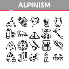 Fototapeta premium Alpinism Collection Elements Vector Icons Set Thin Line. Compass And Glasses, Mountain Direction And Burner Mountaineering Alpinism Equipment Concept Linear Pictograms. Black Contour Illustrations