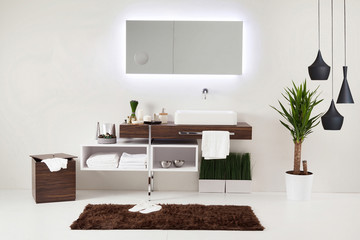 Fototapeta premium white wall clean bathroom style and interior decorative design for home, hotel and office