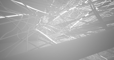 White smooth architectural interior of chaotic lines.  Night view with illumination. 3D illustration and rendering