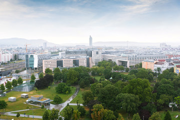 Aerial Vienna city panorama from Vienna Ferris wheel in Wurstelprater, Austria. Skyline view