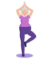 Adult woman  in sports clothes practicing yoga tree pose. Vriksasana. Physical active and healthy lifestyle of elderly people. Happy grandparents day. Cute grandmother, cartoon character isolated on w