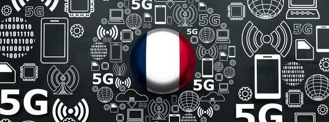 Mobile gadgets technology relative image. Circle frame with technology thin line icons. 5G Network Symbol. Flag of the France. 3D rendering