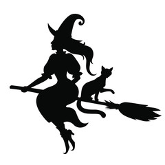 Vector illustrations of silhouette Halloween witch and cat