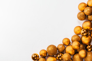 Christmas balls on a white background. Copy space, flat lay.