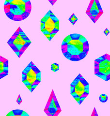 Seamless pattern with large and small multi-colored crystals of handmade gems and precious stones. Decorative background for gift paper, postcards, wallpaper or textile fabric.