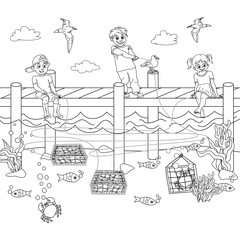 Black and white coloring of children catching crabs, and Logic puzzle game with Maze, Or Labyrinth. Two boys and one girl are sitting on a wooden pier with nets for catching crab on the seabed