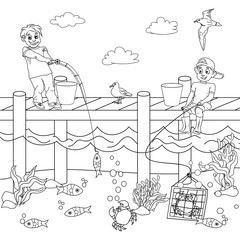 Black and white coloring of two boys fishing and catching crabs from a wooden pier. Linear landscape drawing under water and above water with sea inhabitants, algae and seagulls