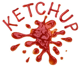 Ketchup or tomato sauce puddle with a word ketchup on white background.