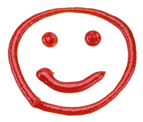 Tasty tomato ketchup in the shape of smiling face isolated on white background.