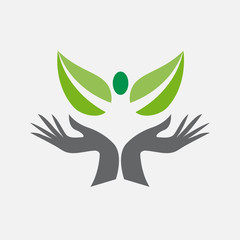 Vector logo green friendship, hands with people on leaf shape. Environment service and assistance