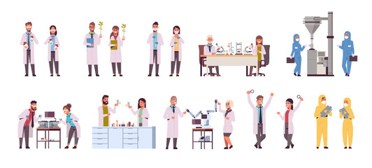 set different scientific researchers making experiments in laboratory scientists group in uniform working with medical equipment research science concept full length flat horizontal