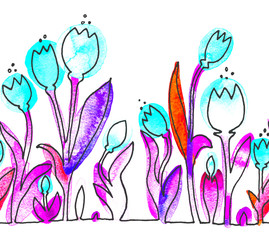 Tulips. Seamless horizontal pattern. Isolated on background. Contour, silhouette, line, stain watercolors. Colored spots