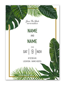 Tropical leaf Wedding invitation card, save the date, invite template. 