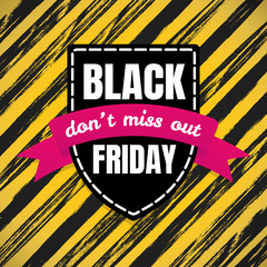 Black friday sale inspiration poster, banner or flyer vector illustration isolated on brush stroke background. Big holiday mega sale with ribbon, label tag and text