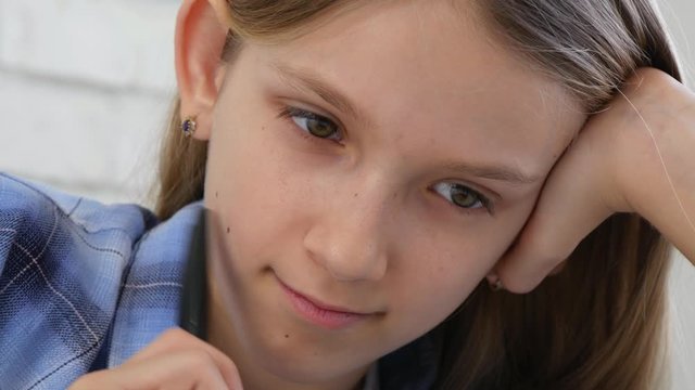 Child Studying on Tablet, Girl Writing in School Class, Learning Doing Homework