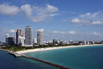 Panorama of the Miami South Beach. View from the cargo ship entering port of Miami, Florida.