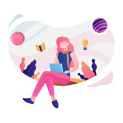 Happy Teacher Day, girl learning, illustration in gradient color vector graphic