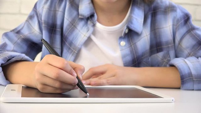 Child Studying on Tablet, Girl Writing in School Class, Learning Doing Homework