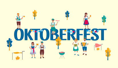 Tiny people in traditional Austrian costumes on the background of a huge inscription Oktoberfest. German folk celebration of the great outdoors. Bavarian Autumn Beer Festival