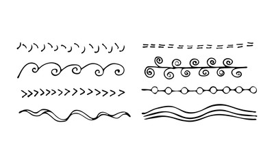 Obraz premium Set of artistic pen brushes. Hand drawn grunge strokes. Vector illustration. Doodle lines, curves and borders vector. Pencil effect sketch isolated