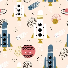 Gordijnen Ruimte achtergrond voor kinderen. Vector naadloos patroon met cartoon ruimteschepen, planeten, sterren en kometen. © bukhavets