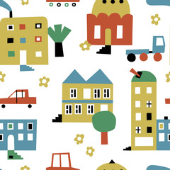 Cute seamless pattern with houses, cars and flowers. Perfect for fabric, textile, wallpaper. Baby town.