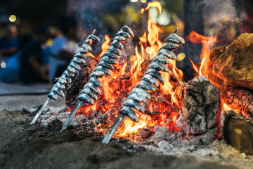 Skewers of small fish on open fire