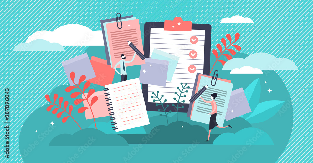 Poster notes vector illustration. flat tiny paper textbook write persons concept.