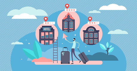 Booking hotel vector illustration. Flat tiny accommodation persons concept.