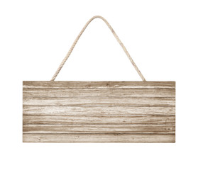 empty wooden sign hanging on a rope on white background with clipping path