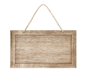 empty wooden sign hanging on a rope on white background with clipping path