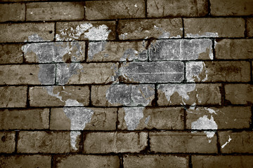grunge concrete world map on old brick wall background