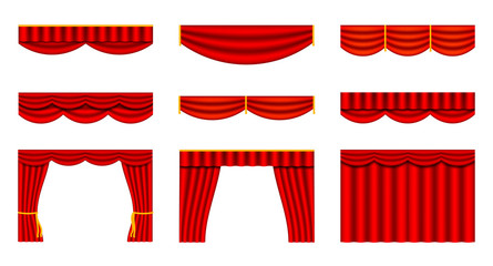 Set of theater curtains. Collection of interior decoration design. Vector illustration isolated on white background.Description
